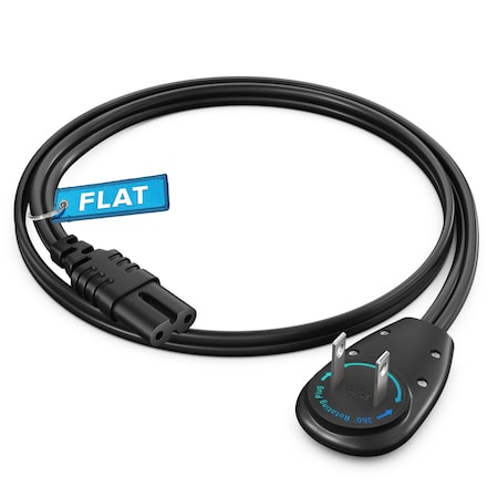Maximm 1ft 2-Prong TV Power Cord, 360 degrees Flat Plug, Non-Polarized UL, Black ADW-90A-C7F01-16B0