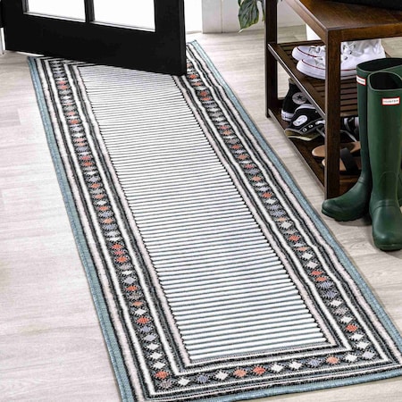 Jonathan Y Sebastian High-Low Modern Diamond Border Blue/Ivory 2 ft. x 8 ft. Indoor/Outdoor Runner Rug HWC102D-28