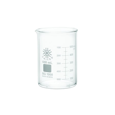 Zoro Select Beaker, Borosilicate Glass, Low Form, 600 mL / 20.2 fl oz Capacity, A Type I, 6 PK BG1000-600