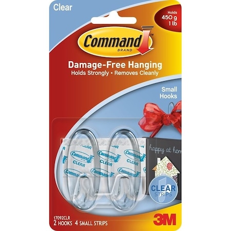 Command Adhesive Hook, 1 lb, 2Hook, Plastic, Clear 17092CLR