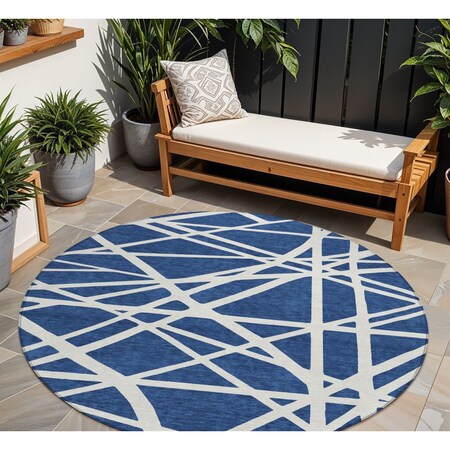 Homeroots 8' Navy Blue And Ivory Round Geometric Washable Indoor Outdoor Area Rug 600476