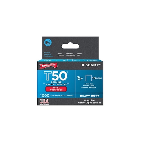 Arrow Staple, T50 Staple, 3/8 in W Crown, 3/8 in L Leg, Monel Staple Gray, 1000PK 506M1