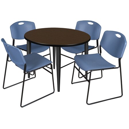 Regency Round Kahlo Breakroom Table W/ 4 Zeng Stack Chairs, 42 in W, 42 in L, Neo Walnut TPL42RNDNWBK44BE
