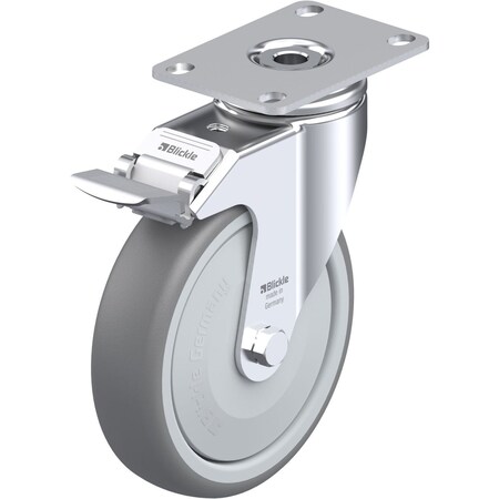 Blickle Swivel Plate Caster, TPR, 5", Brake, Overall Height: 6.34" LKPA-TPA 126KF-12-FI