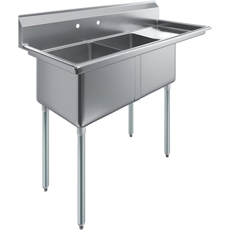 Amgood 57 1/4 in. x 23.5 in. Stainless Steel Two Compartment Sink with 18 in. x 18 in. Bowls and 18 in. Right Drainboard SINK S2C-181812-18R-NF-Z