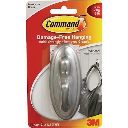 Command Decorative Hook, 5 lb, 1-Hook, Plastic, Silver, Brushed Nickel 17053BN