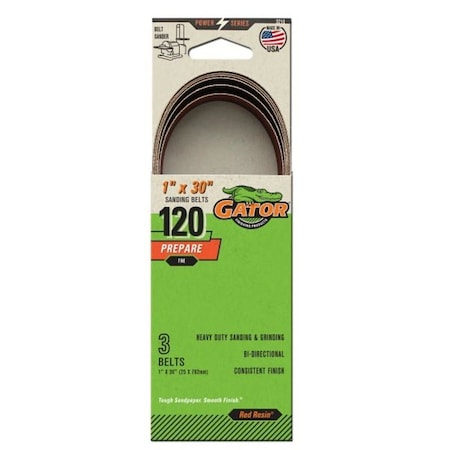 Ali Industries Gator Sanding Belt, 1 In W, 30 In L, 120 Grit, Fine, Aluminum Oxide Abrasive 3210