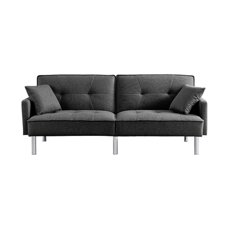 Homeroots 85" Dark Gray Polyester Blend Convertible Futon Sleeper Sofa And Toss Pillows With Silver Legs 544955