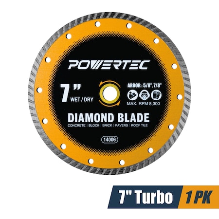 Powertec 7in Turbo Diamond Saw Blade for Wet Tile Saw, Diamond Blade for Cutting Concrete - 1PK 14006