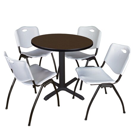 Regency Round Cain Breakroom Table W/ 4 M Stack Chairs, 30 in W, 30 in L, Neo Walnut TB30RNDNW47GY