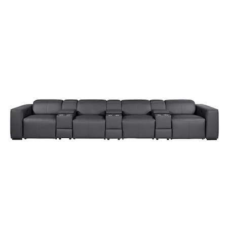 Homeroots 170" Dark Gray Top Grain Leather Reclining Metal USB Sofa 720423