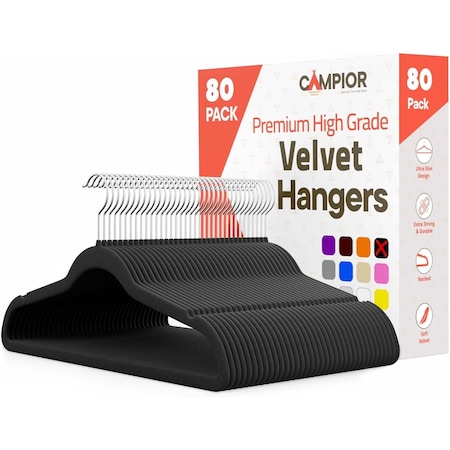 Campior Premium Velvet Non-Slip Hangers, Heavy Duty, 360 Deg Swivel Hook, Black Velvet Finish, 80PK CMPVVH80BK