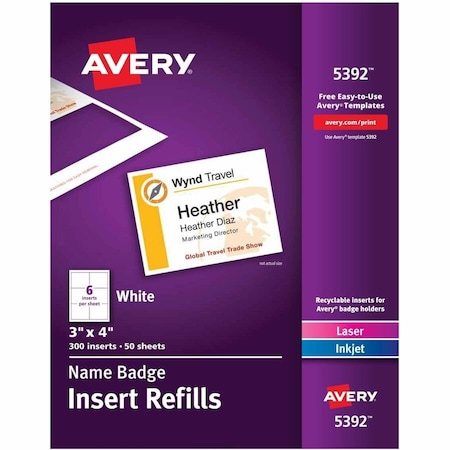 Avery Name Badge Insert Refills, 3" x 4", White, 300 Inserts/Box 5392