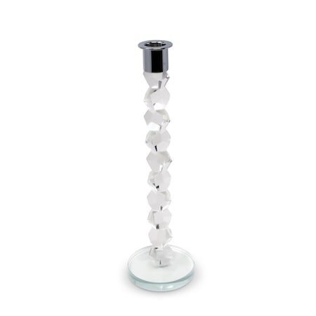 Homeroots 11" Clear And Silver Geo Stacks Crystal Tabletop Taper Candlestick 590224