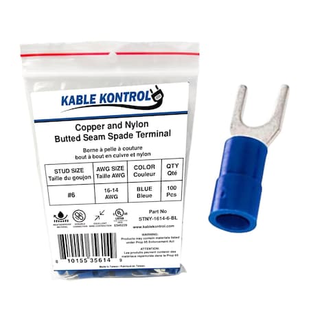 Kable Kontrol Copper and Nylon Butted Seam Spade Terminal, 16-14 AWG, Stud Size # 6, Blue, 100 Pcs, 100PK STNY-1614-6-BL