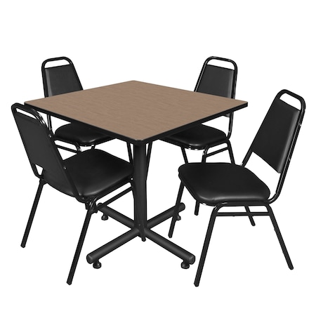 Regency Square Kobe Breakroom Table W/ 4 Restaurant Stack Chairs, 36 in W, 36 in L, Noble Oak TKB3636NO29BK