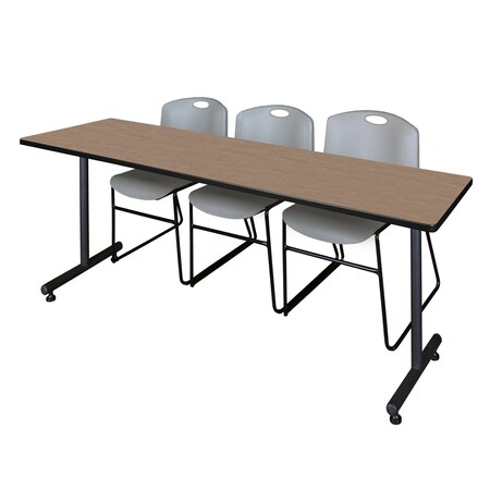 Regency Kobe T-Base Training Seminar Table W/ 2 Zeng Stack Chairs, 84 in W, 24 in L, Noble Oak MKTRCT8424NO44GY