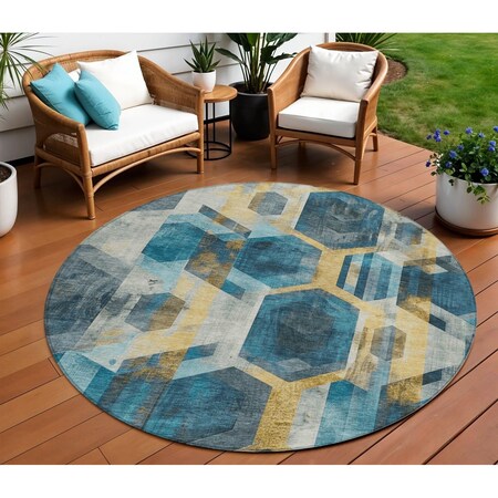 Homeroots 8' Teal Blue Gold And Silver Round Geometric Washable Indoor Outdoor Area Rug 618759