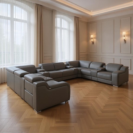 Homeroots Dark Gray Italian Leather Power Reclining U Shaped Twelve Piece Corner Sectional With Console 632556