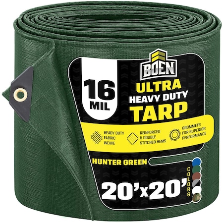 Boen Ultra Heavy Duty Tarp, 20 ft x 20 ft, 16 Mil, Green, Polyethylene HGT-2020