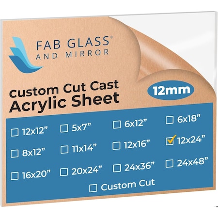 Fab Glass And Mirror Acrylic Plexiglass Sheets, Rectangle Clear PET Sheet 12in x 24in x 1/2in  with Protective Film... ACR12M12X24RC