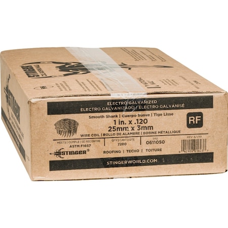 Stinger 1'' x 0.120'' 15 Degree Wire Weld Electro Galvanized Coil Roofing Nail, 7200 Ct. 611050