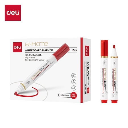 Deli MATE Dry-Erase Marker, Bullet Tip, Red, Low-Odor, 12PK EU00340