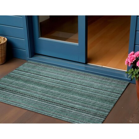 Homeroots 3' X 5' Teal Blue Aqua And Gray Striped Washable Indoor Outdoor Area Rug 616388