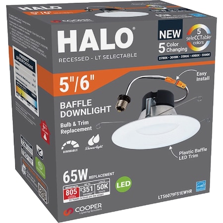 Halo LT 5/6'' IC Rated 5CCT LED Recessed Light Kit 700 Lm. LT56079FS1EWHR