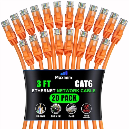 Maximm Cat6 Ethernet Cable 3ft 10Gbps 550MHz UTP, 20PK, Orange, 20PK CAT6CCA-3OR-20PK