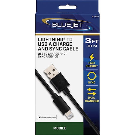 Blue Jet 3 Ft. Black Lightning to Type-A USB Charging & Sync Cable BJ-1001