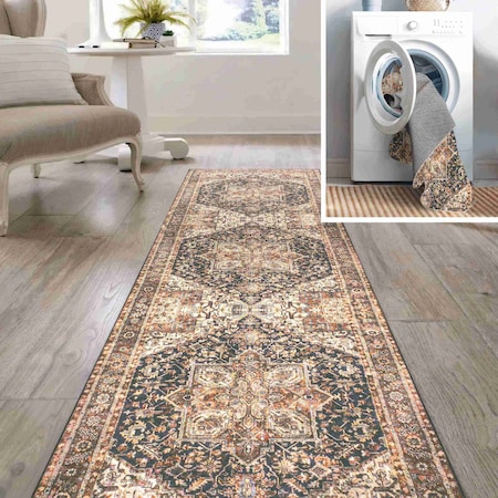 Jonathan Y Chapell Chenille Traditional Medallion Non-Slip Machine-Washable Black/Terra 2ft x 8ft Runner Rug WSH203A-28