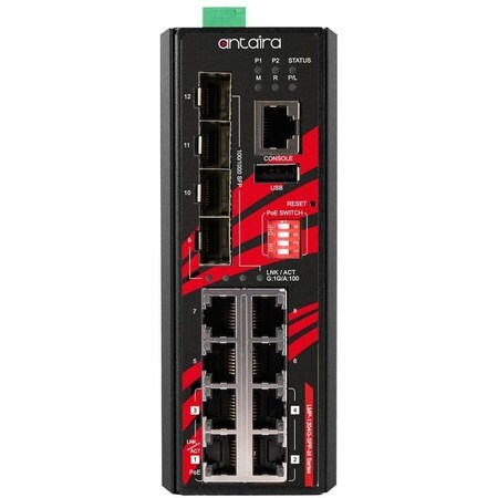 Antaira 12-Port Industrial Gigabit IEEE 802.3bt PoE+ Light Layer 3 Managed Ethernet Switch LMP-1204G-SFP-bt-T