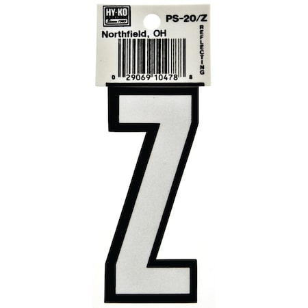 Hy-Ko Reflective Letter, Character: Z, 3-1/4 in H Character, Black/White Character, Vinyl PS-20/Z
