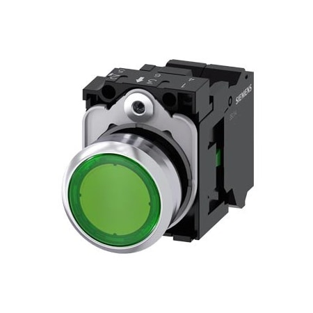 Siemens Illuminated pushbutton, 22 mm, round, metal, shiny, green, pushbutton 3SU1152-0AB40-3BA0