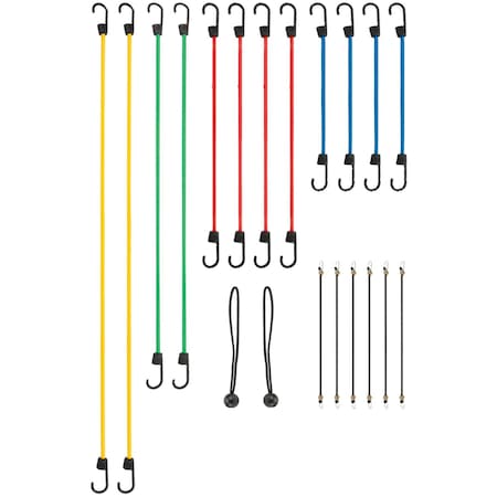 Performance Tool 20 pc. Bungee Cord Assortment, Coated Hooks, UV Resistant, Storage Jar W1890