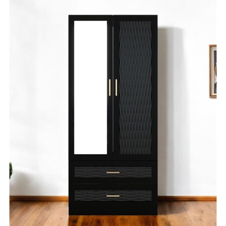 Homeroots 71" Black Carved Geometric And Mirrored Two Door Two Drawer Combo Dresser 569293