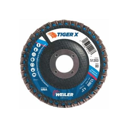 Weiler Tiger X Flap Disc, 4-1/2 in Angled, 80 Grit, 7/8 in Arbor, 10PK 804-51203