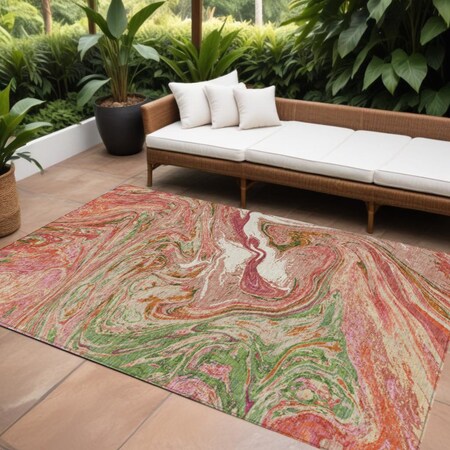 Homeroots 10' X 14' Coral Green And Ivory Abstract Washable Indoor Outdoor Area Rug 602622