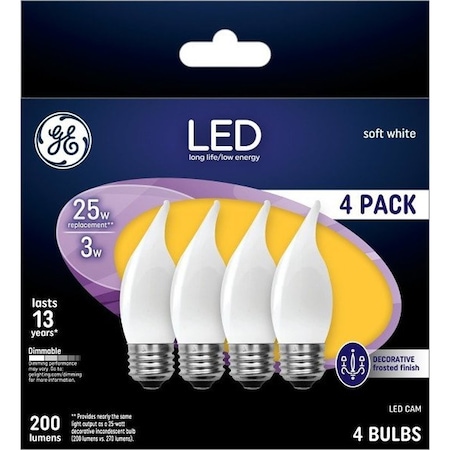 Ge Industrial Solutions LED Bulb, Decorative, CAM Lamp, E26 Lamp Base, Dimmable, Frosted, Soft White Light, 4PK 37396