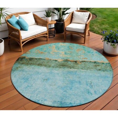 Homeroots 8' Teal Blue And Gold Round Abstract Washable Indoor Outdoor Area Rug 618633