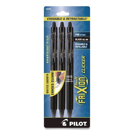Pilot FriXion Ball Clicker Erasable Gel Pen, Retractable, Fine 0.7 mm, Black Ink, Black Barrel, 3PK 31464