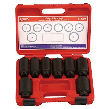 Genius Tools 8PC 1/2in Dr. 12 Pt. Metric Deep Thin Wall Impact Sockets DI-408M