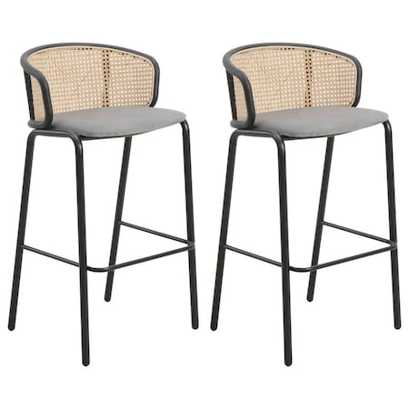 Leisuremod Ervilla Wicker Bar Stool with Fabric Seat and Black Powder Coated Steel Frame, Grey, 2PK EBBL-31GR2