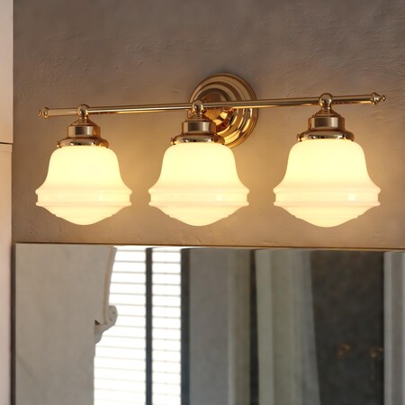Vaxcel Huntley 3 Light LED Gold Brass Farmhouse Bathroom Vanity Wall Fixture White Schoolhouse Glass W0453