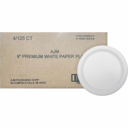 Ajm Packaging Plates, Coated Paper, Round, 9" Dia, 125/PK, White PK AJMCP9AJCWWH1