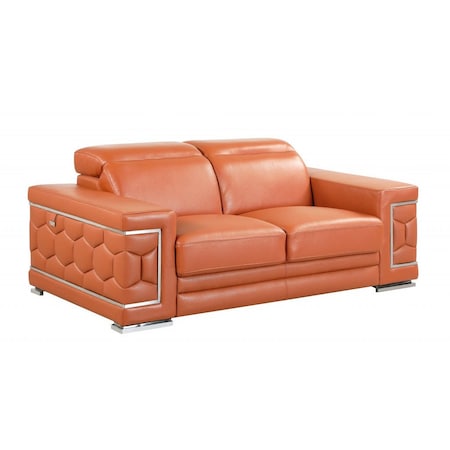 Homeroots 71in Camel And Silver Genuine Leather Love Seat 329586
