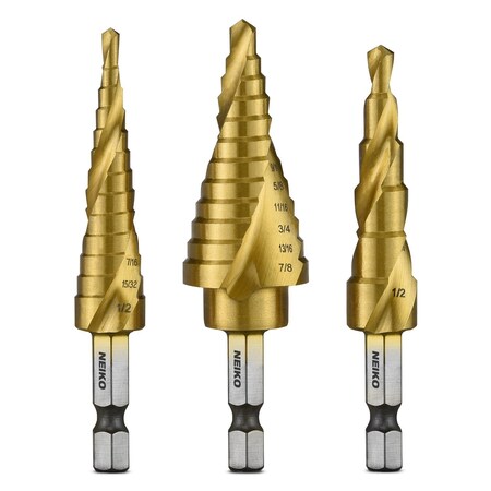 Neiko Titanium-Coated HSS Spiral Step Drill Bit Set with 31-Step Size, 3-Piece 10181A