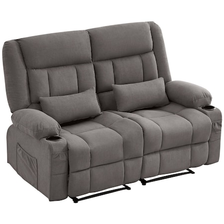 Homeroots 47in Gray Microfiber Manual Reclining Loveseat With Storage and Toss Pillows 721197