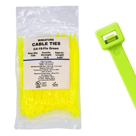 Cable Ties Unlimited Cable Tie, 4 in L, 18 lb Strength, 1 in Max Bundle Dia, Nylon 6/6, Fluorescent Green 100PK C4-18-Flo Green